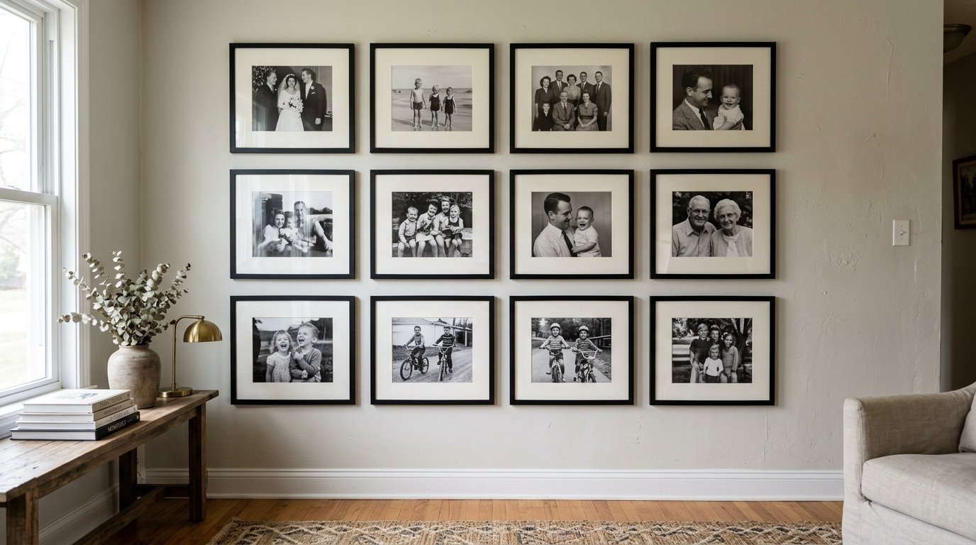 A gallery wall displaying twelve black and white family photos in matching frames arranged in a grid pattern.