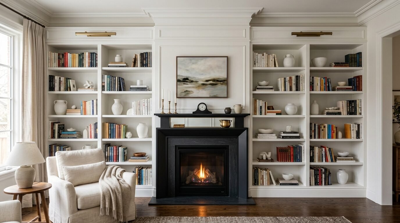 A cream armchair sits beside a dark fireplace flanked by white bookshelves filled with curated books and decor.