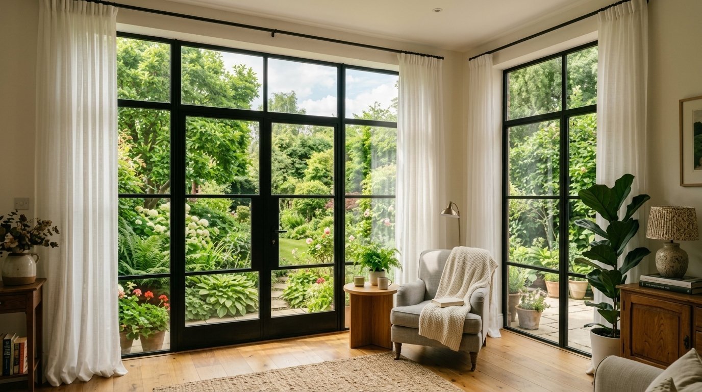 A sunlit living room with black-framed windows overlooking a lush green garden and a grey armchair.