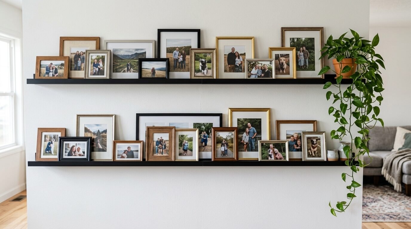 Collection of various framed family photographs and a trailing green plant on wall-mounted shelves.
