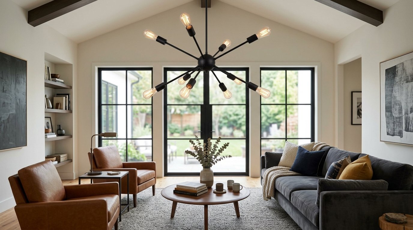 A dark sputnik chandelier hangs in a bright living room with tan leather chairs and a grey sofa.