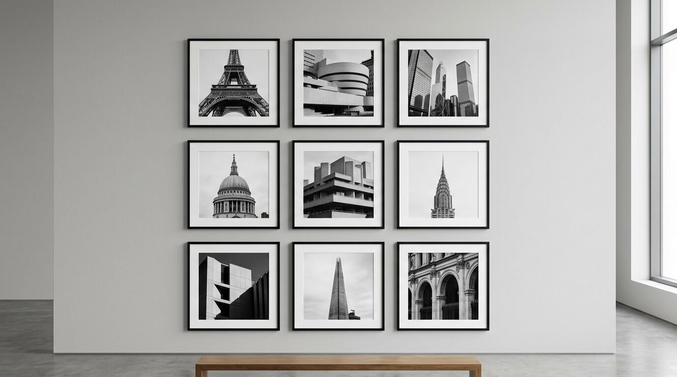 Nine framed black and white photos of famous global buildings displayed in a 3x3 grid on a light grey gallery wall.