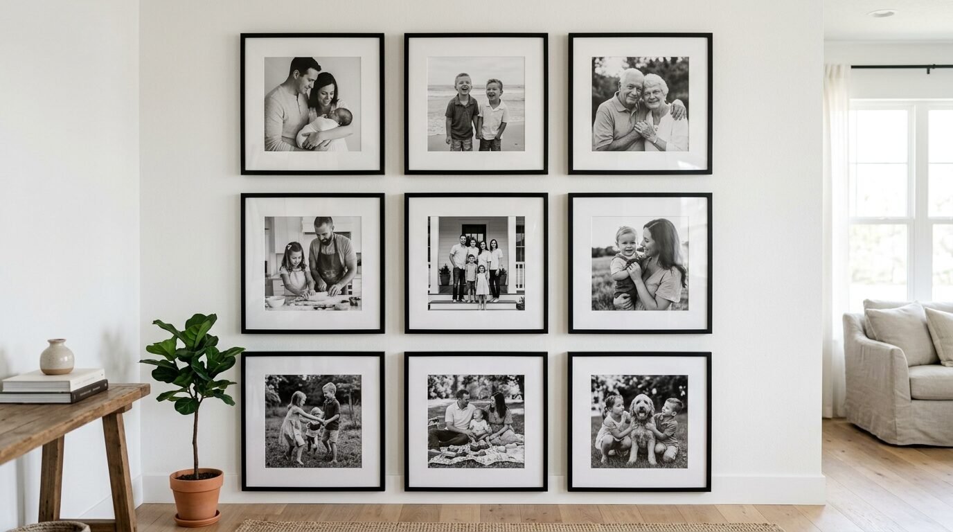 Nine black framed, square black and white family photographs arranged in a neat grid on a light-colored wall.