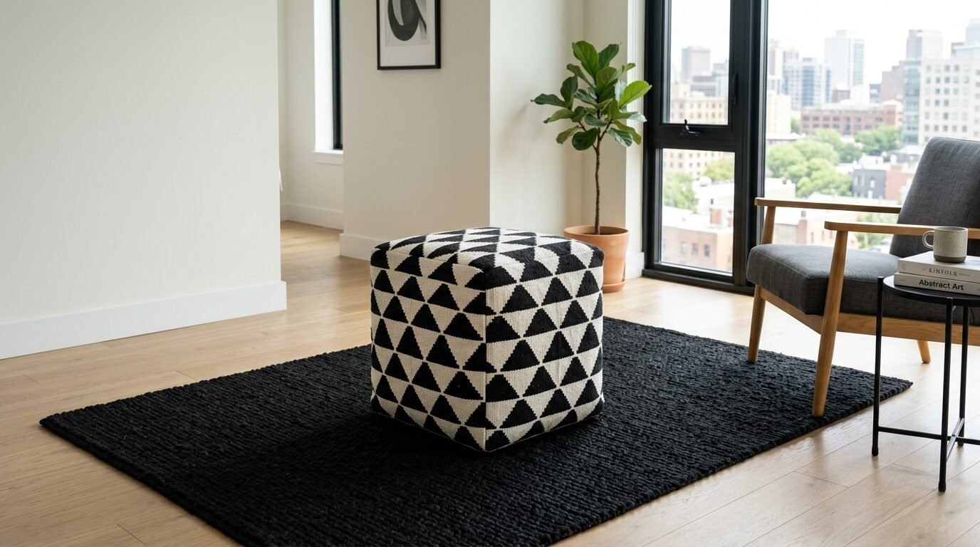 A cube-shaped black and white triangle print footstool centered on a textured dark rug in a sunlit living room.