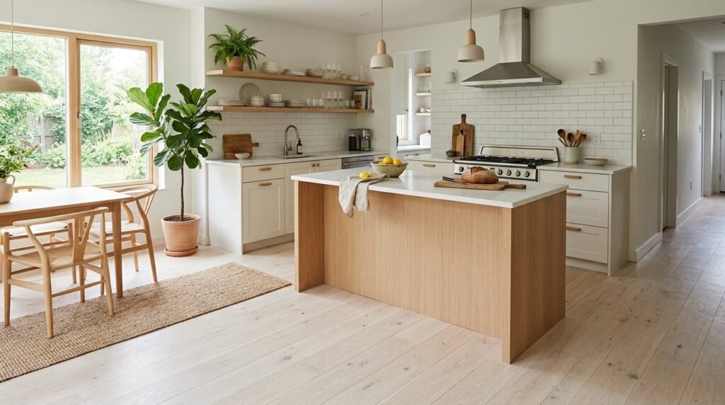 High quality bleached oak flooring installed in a bright modern home.