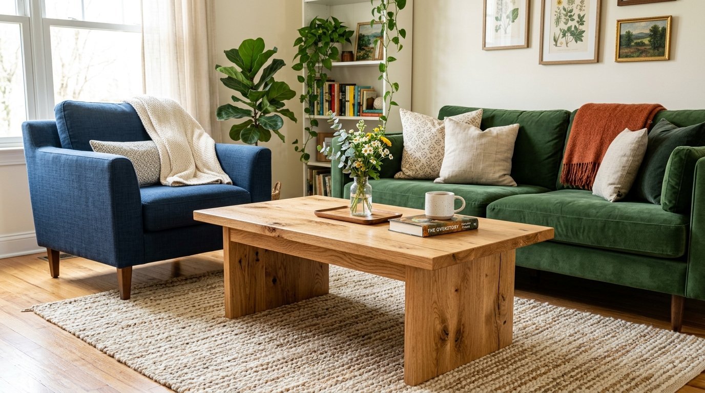 A rustic oak coffee table sits on a textured rug between a blue armchair and a green velvet sofa.