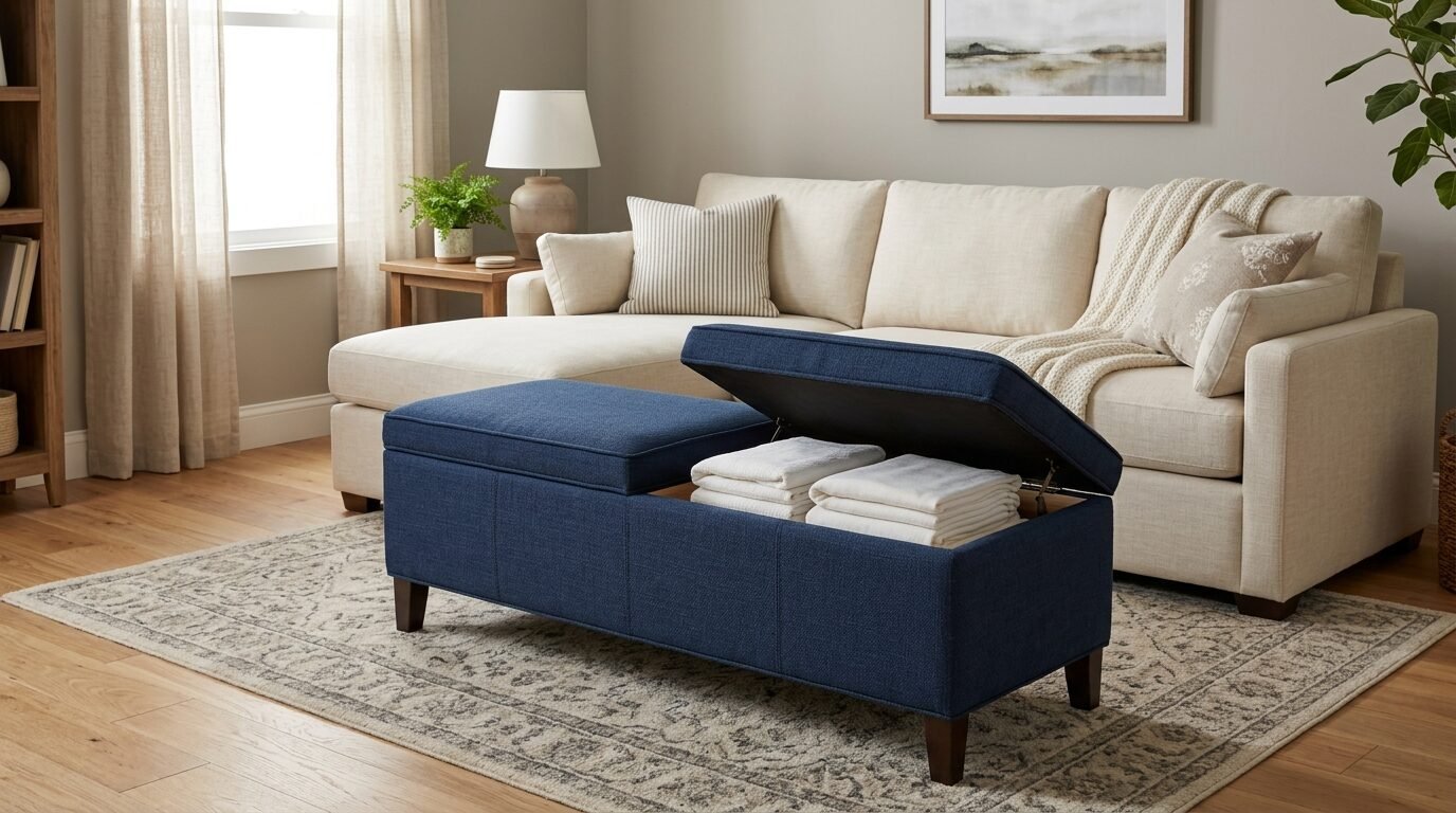 A navy blue fabric storage ottoman with one lid open, revealing folded white linens inside, set before a beige couch.