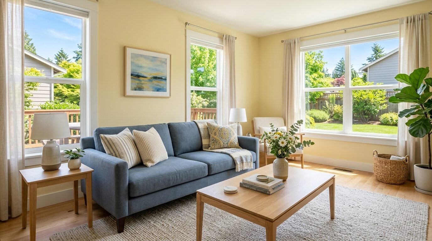 Bright living room with yellow walls, a blue sofa, wood coffee table, and a large fiddle leaf fig plant by the window.