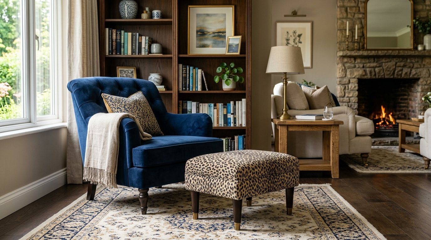 A deep blue tufted armchair with a leopard print ottoman sits on a patterned rug in front of a wooden bookcase.