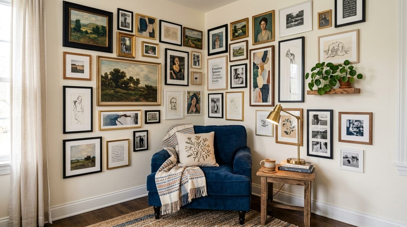 Dark blue upholstered chair with patterned throw blanket beneath a dense arrangement of framed art and pictures.
