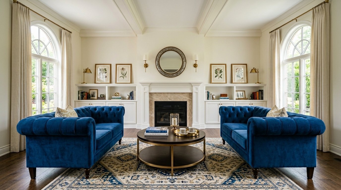 Two deep blue tufted sofas facing each other in a bright living room with a stone fireplace and arched windows.