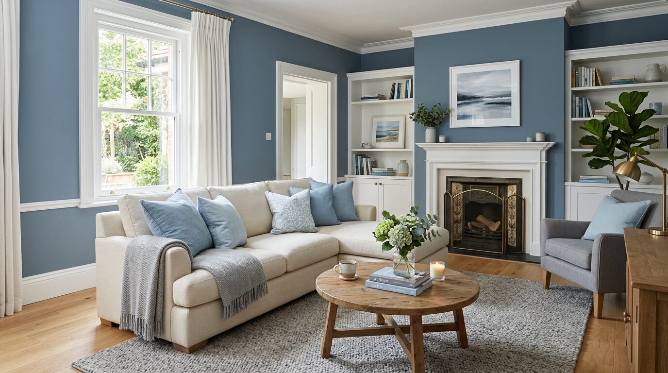 A comfortable lounge with blue walls, a cream sectional sofa, circular wooden coffee table, and a fireplace.