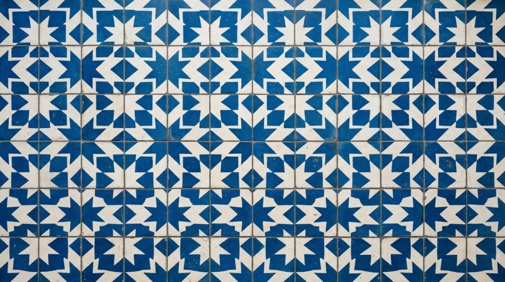 Close up of a modern blue and white geometric pattern with sharp angles and clean lines.