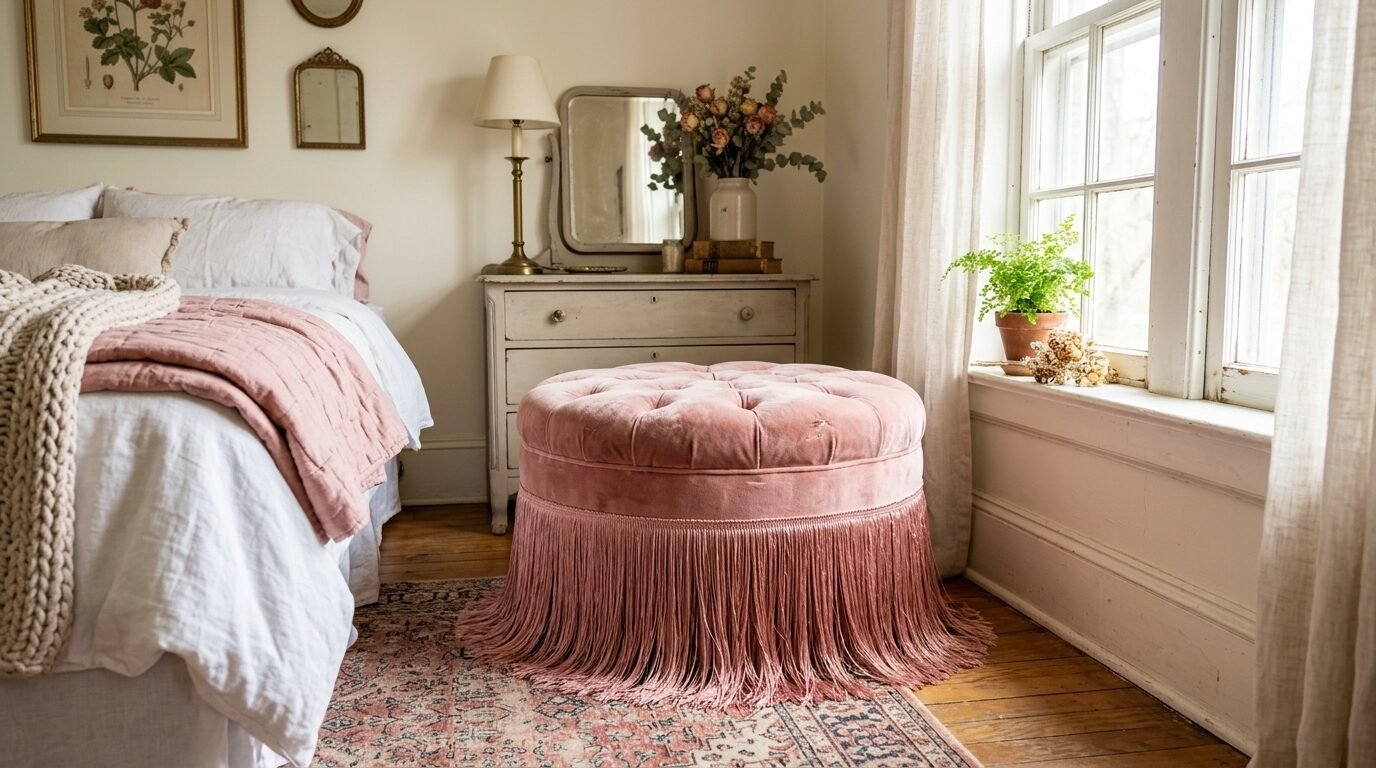 A round, button-tufted blush pink velvet ottoman with long fringe sits on a rug in a bright, cozy bedroom.