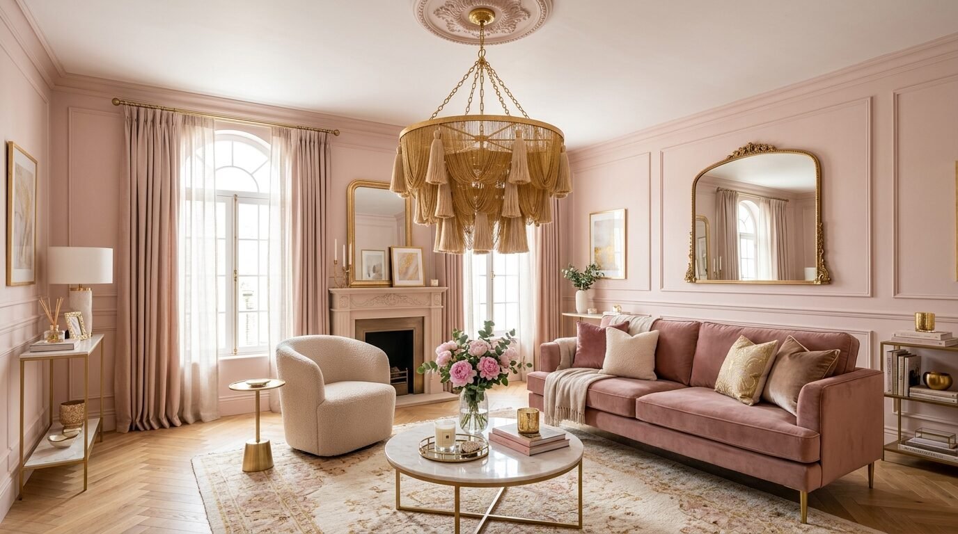 A luxurious living room with pastel pink walls, a velvet sofa, a cream swivel chair, and a large gold tassel chandelier.