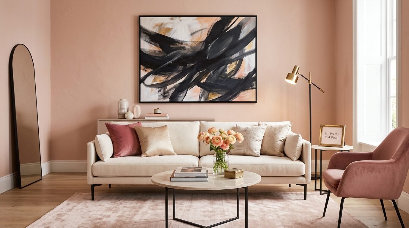 A beige couch with velvet cushions sits in a room with pink walls, abstract wall art, and a round marble coffee table.