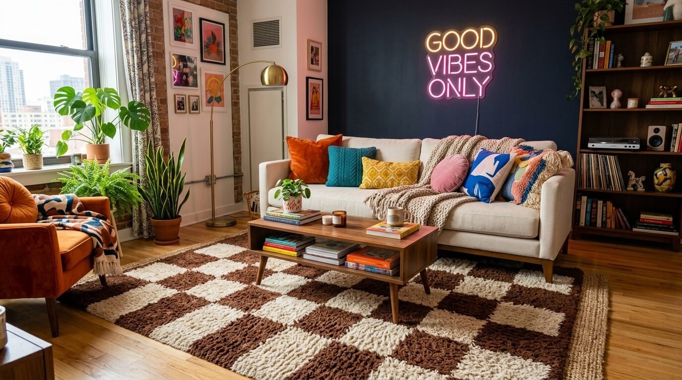 A stylish living room with a brown and cream checkered area rug, a cream sofa, and a neon good vibes sign on the wall.