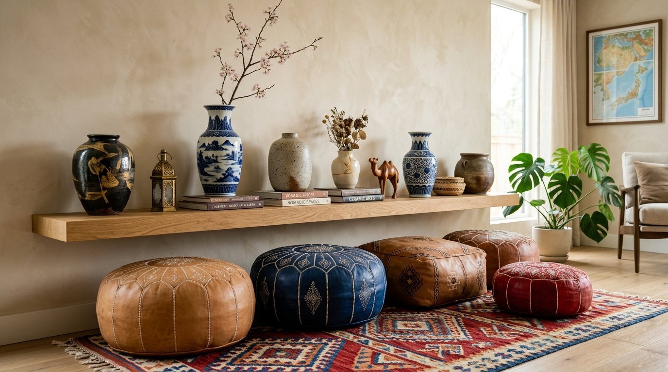 A long wall-mounted wooden shelf displays vases, books, and small decor items above colorful floor cushions.
