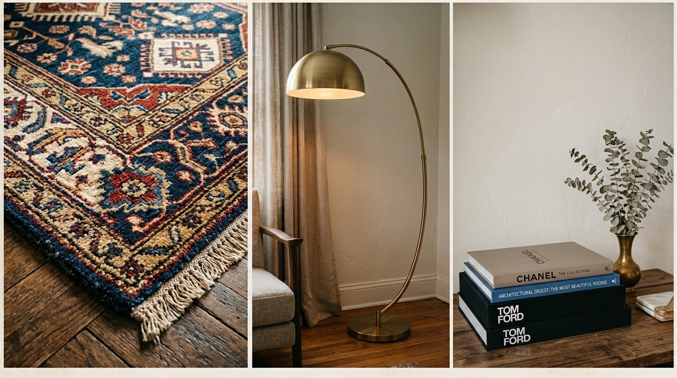 Collage featuring a patterned rug, an arched brass floor lamp, and a stack of luxury fashion books with eucalyptus.