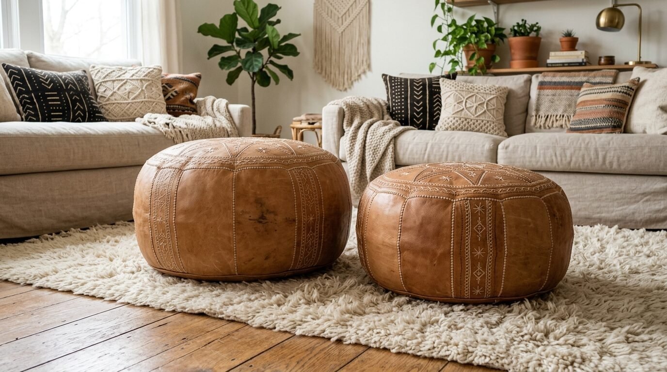 Round brown leather poufs with intricate stitching sit on a white shag rug in front of two sofas.