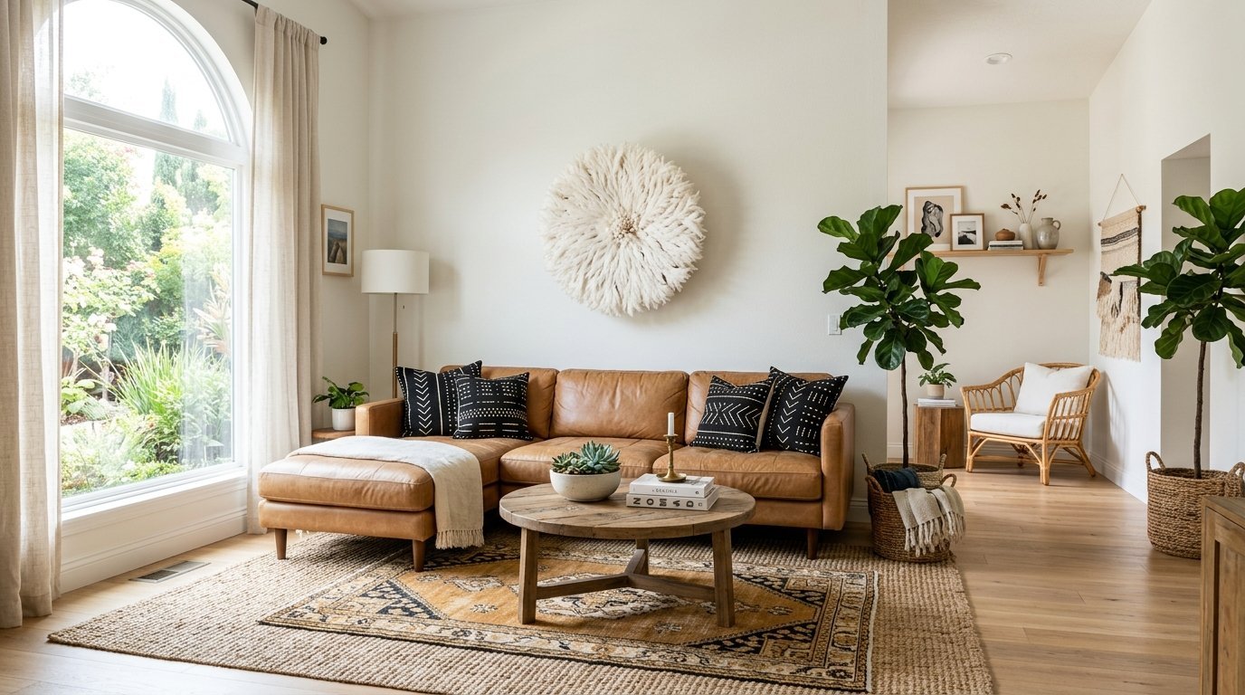 Modern living room with a brown leather couch, round coffee table, and large indoor plants.