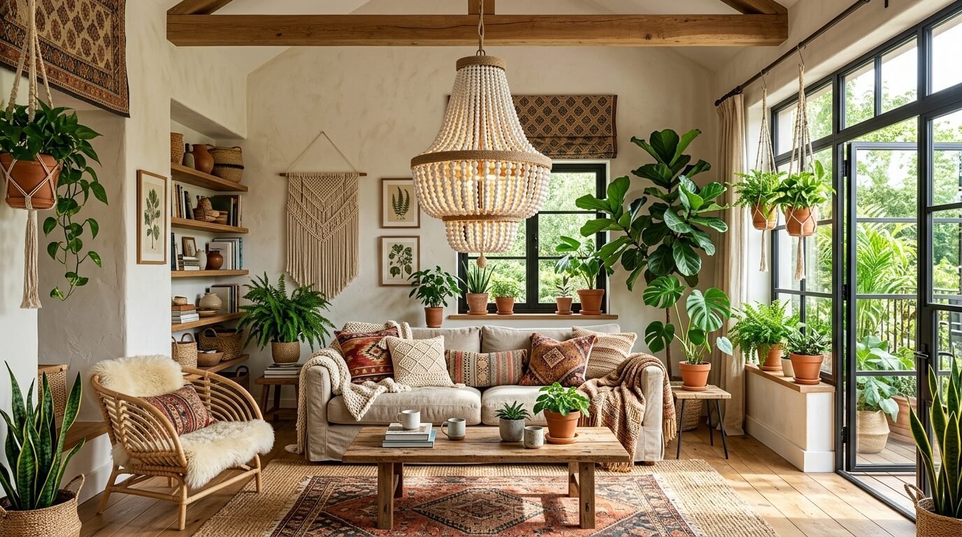 Cozy living room with a cream sofa, rattan chair, many indoor plants, and a large wooden bead pendant light.