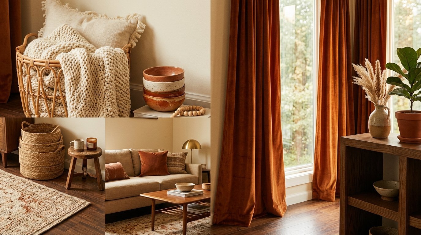 A collage showing textured home decor, cozy blankets, velvet curtains, and wooden furniture in a warm color palette.