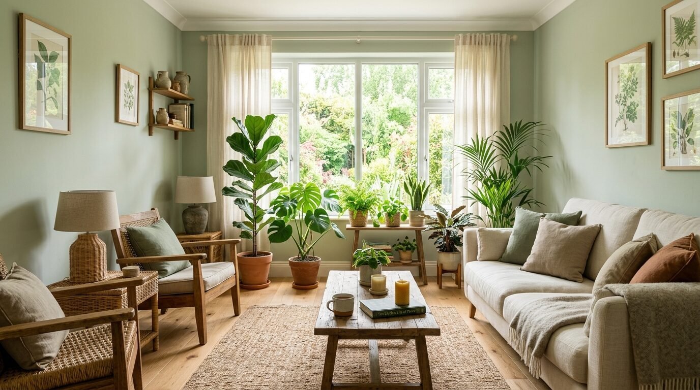 Bright living room featuring beige furniture, wooden accents, and an abundance of potted houseplants by the window.