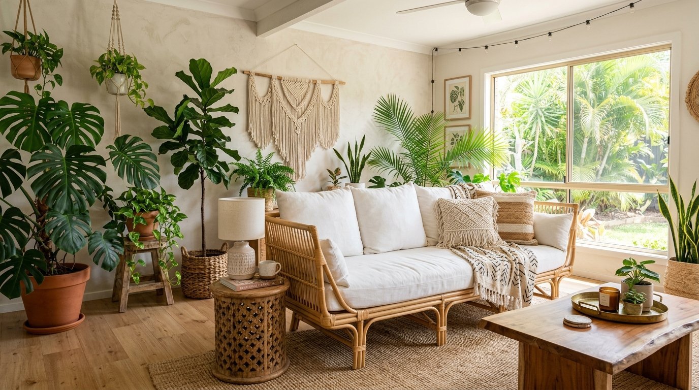 A sunlit living room filled with potted Monstera plants, a rattan couch, and macrame wall decor.