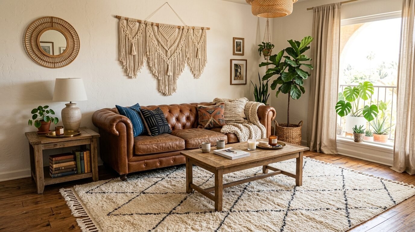 A rustic living room with a brown leather chesterfield sofa, macrame wall art, and a large fiddle leaf fig plant.