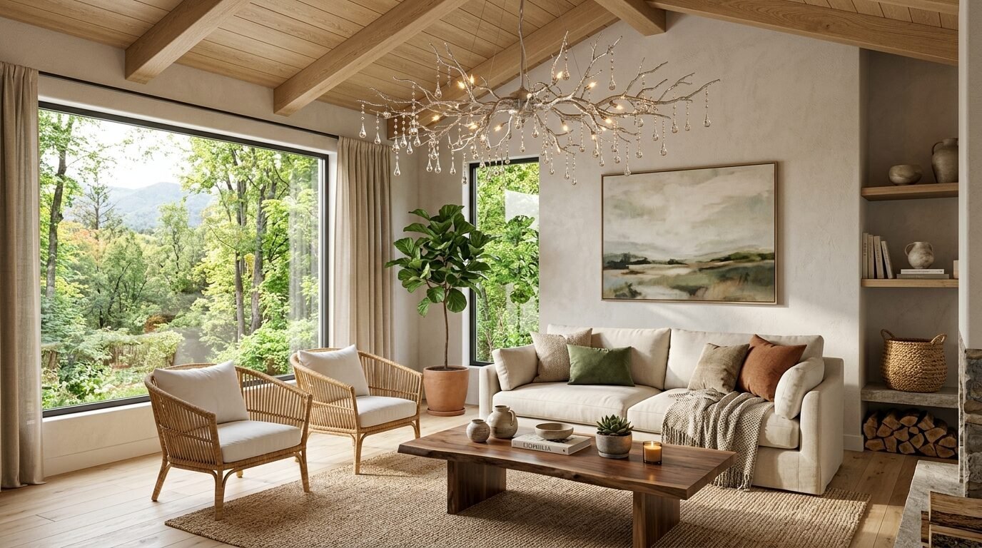Modern rustic interior featuring rattan chairs, a wood coffee table, and a large chandelier under exposed beams.