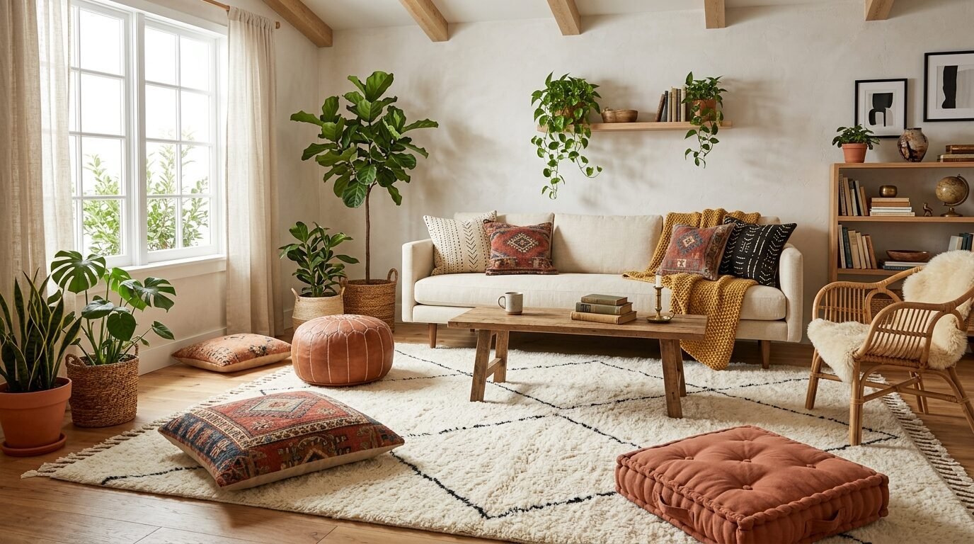 Modern living room featuring a cream couch, terracotta floor cushions, house plants, and a shaggy area rug.