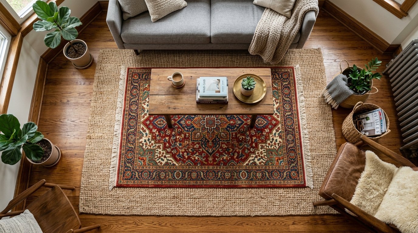 An overhead shot of a wooden coffee table centered on layered jute and traditional red patterned area rugs.