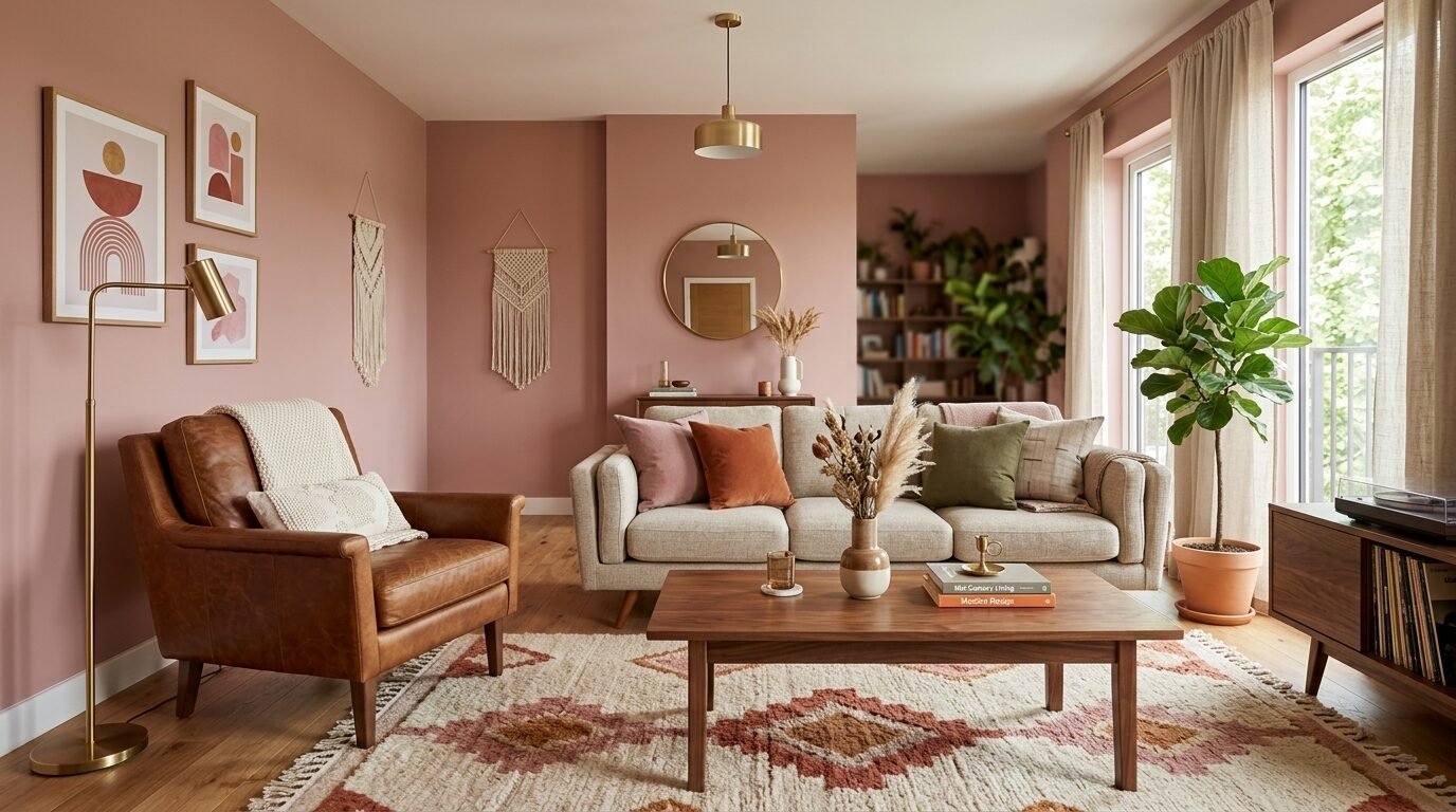 Modern living room featuring dusty rose walls, a brown leather chair, cream sofa, and geometric area rug.