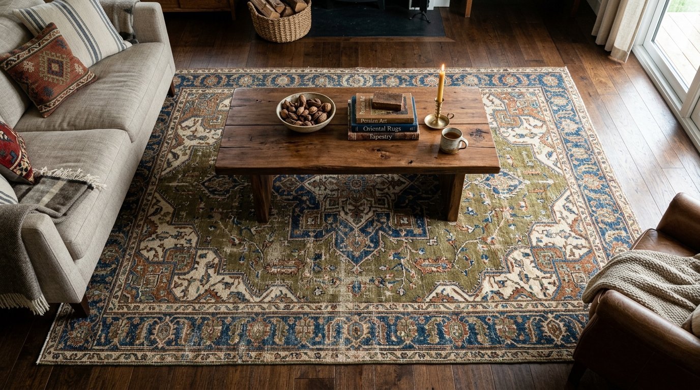 An overhead view of a living room featuring a patterned rug, wooden coffee table, and cozy beige sofa.