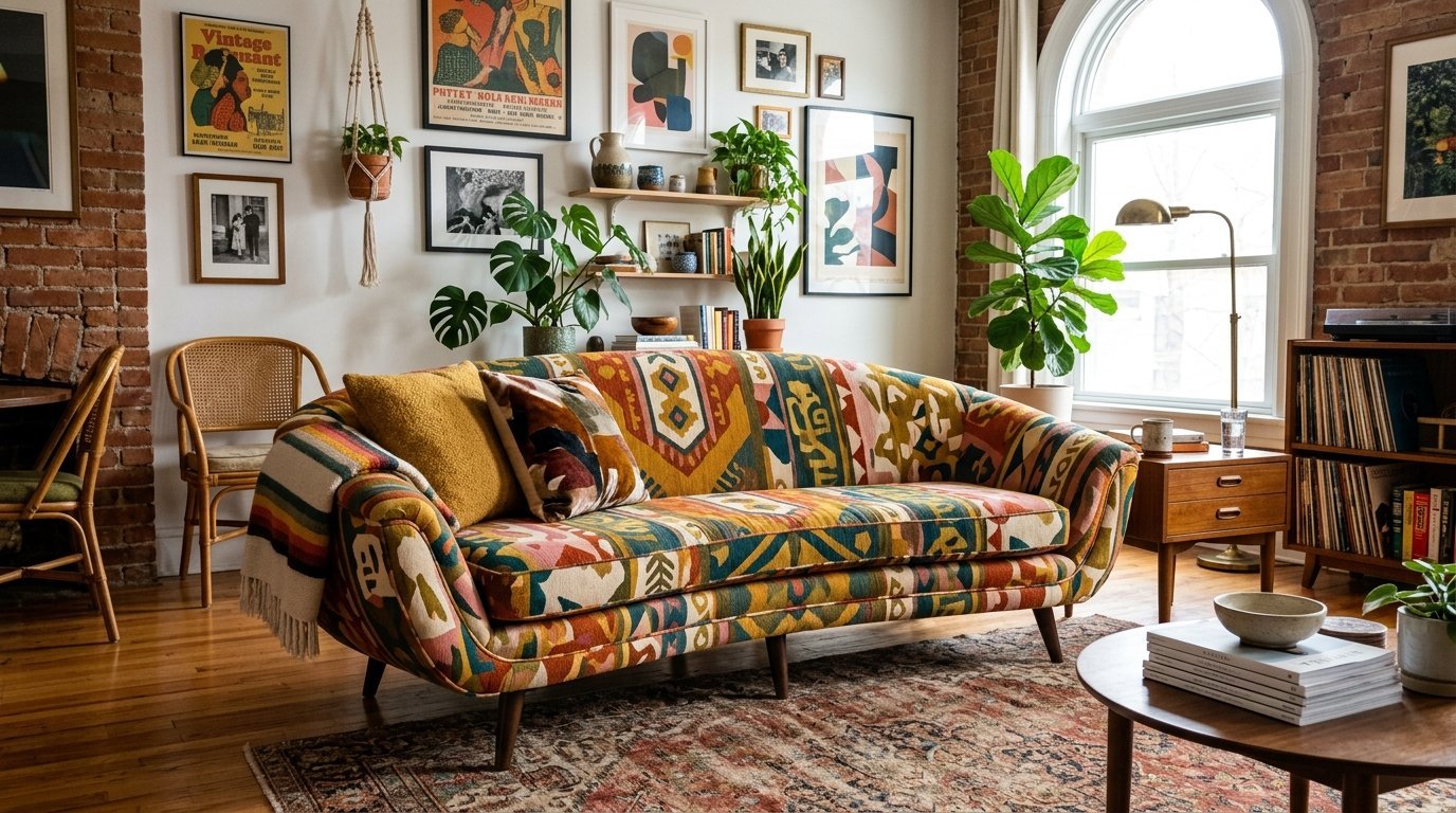 A colorful bohemian patterned couch sits on an antique rug in a room with brick walls and hanging plants.