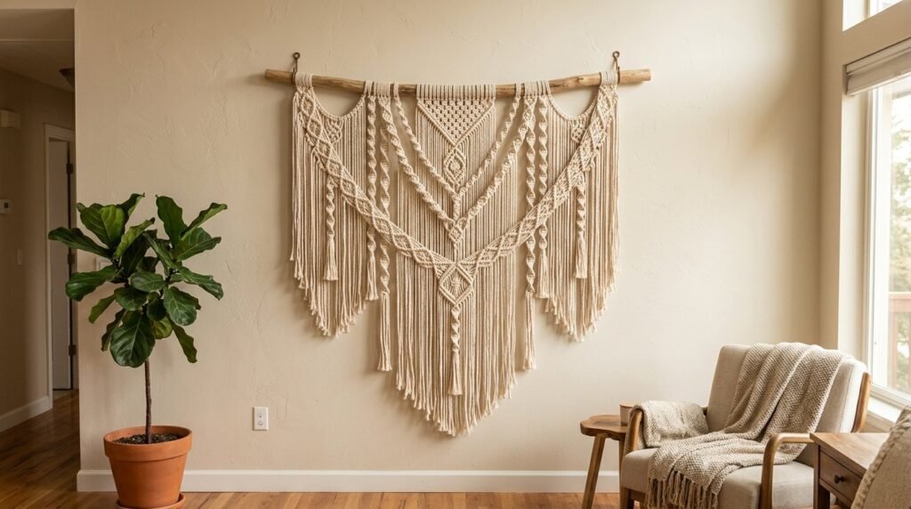 A detailed close-up of a decorative handcrafted macrame wall hanging with intricate knots.