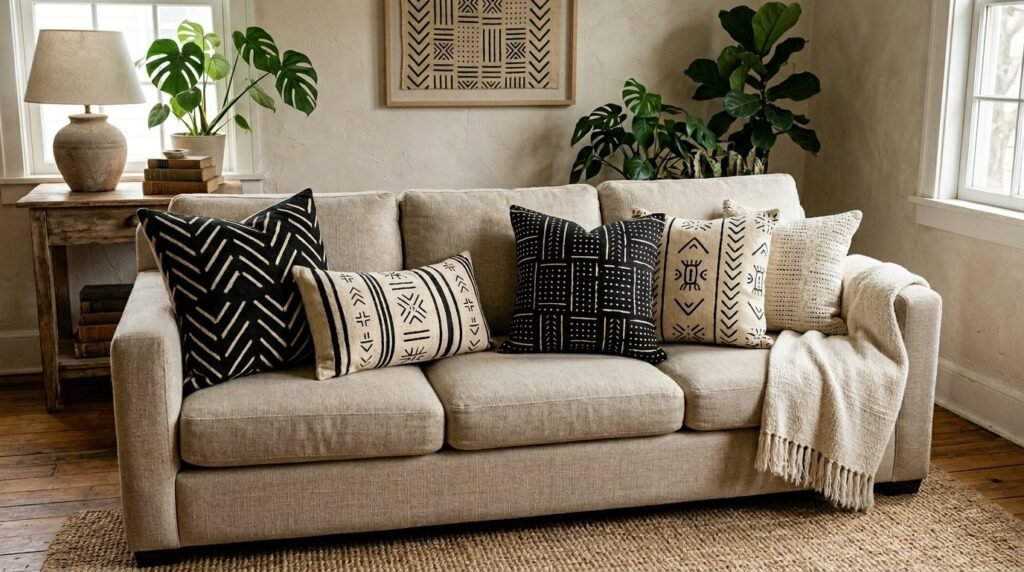 Decorative accent pillows featuring patterned black and white African mudcloth fabric on a neutral sofa.