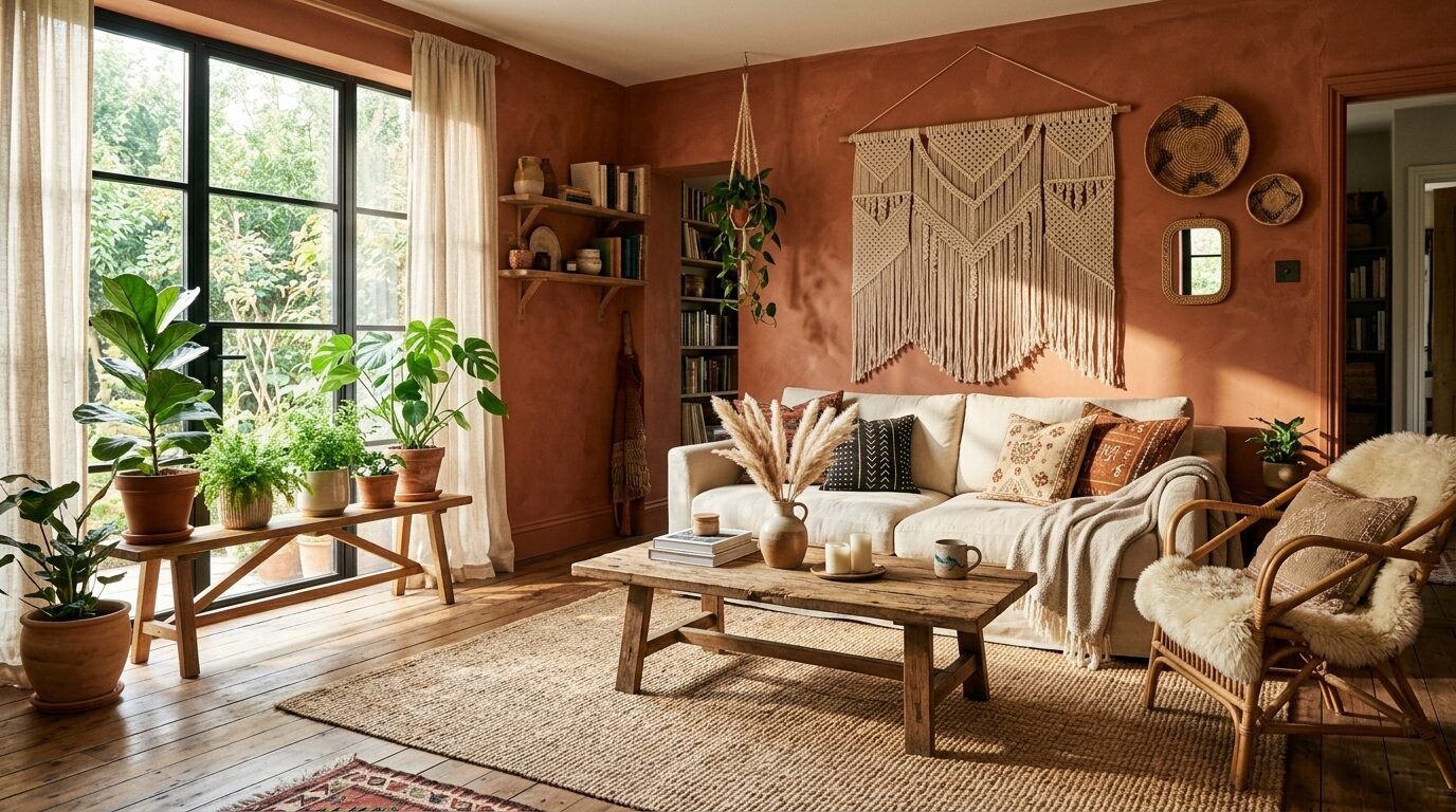 Cozy living space featuring a cream sofa, rattan chair, woven wall hangings, and various indoor plants.
