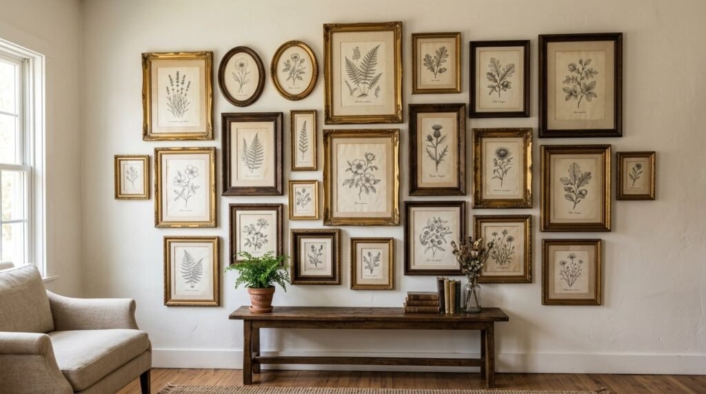 An artfully arranged gallery wall featuring framed botanical illustrations and green leaves in a cozy room.