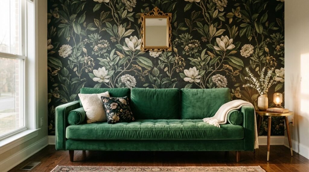 Close up of intricate botanical wallpaper featuring green foliage on a neutral background.