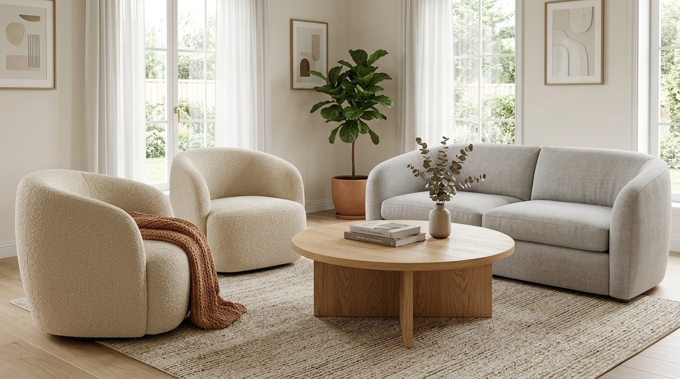 A modern living room with two beige boucle armchairs, a light grey sofa, and a round oak coffee table.