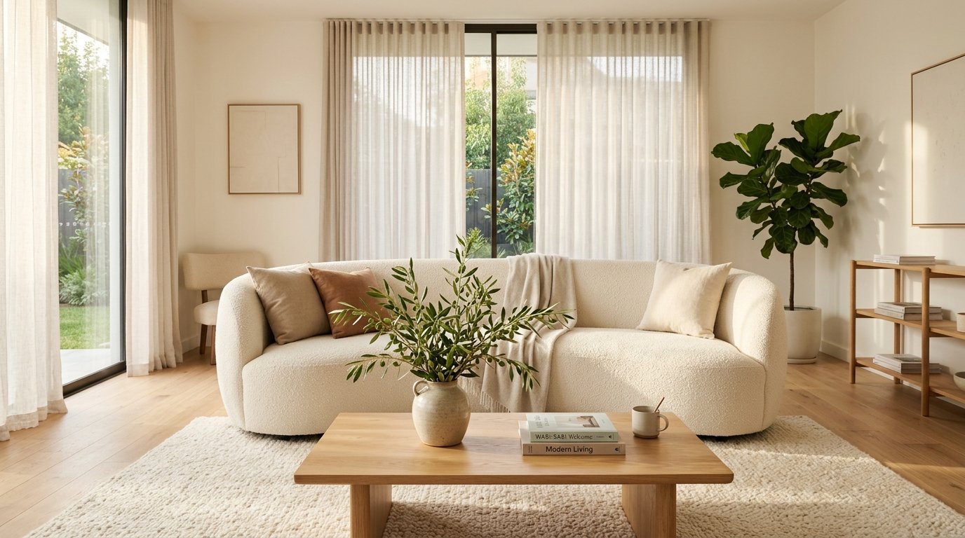 Cream colored curved sofa in a bright living room with sheer curtains and a wooden coffee table.