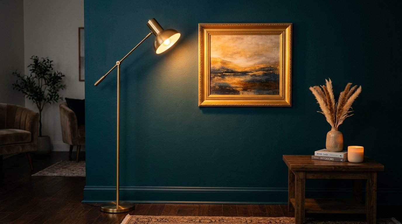 Modern brass task lamp next to a framed landscape wall art piece on a dark teal living room wall.