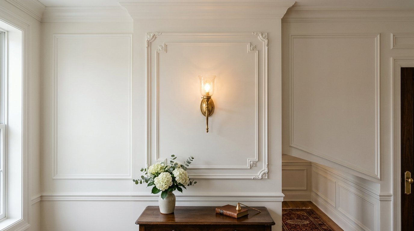 Lit wall sconce above a wooden console table with white hydrangea flowers in a room with ornate wall molding.