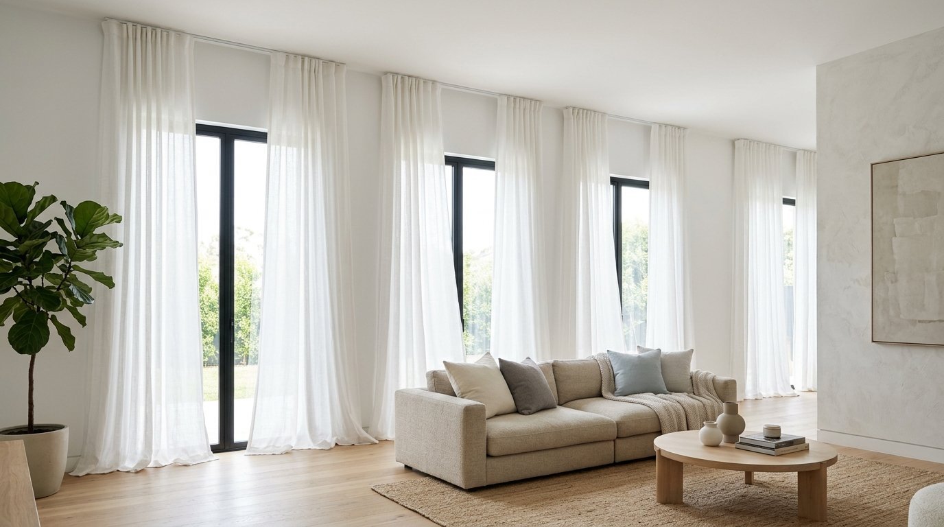 A beige couch sits in a bright room with tall windows draped in flowing white fabric panels.
