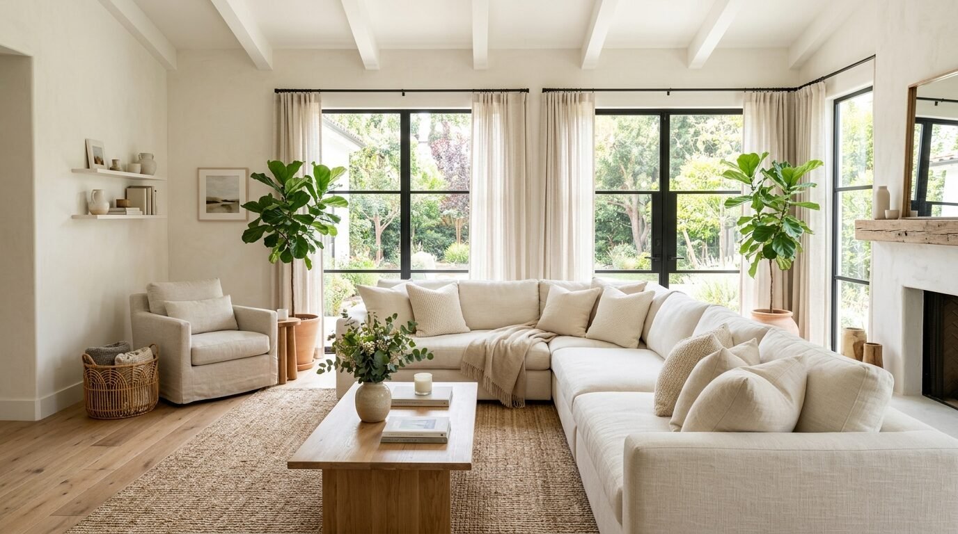 Bright, airy living room with a cream sectional, wooden coffee table, and two large fiddle leaf fig trees.
