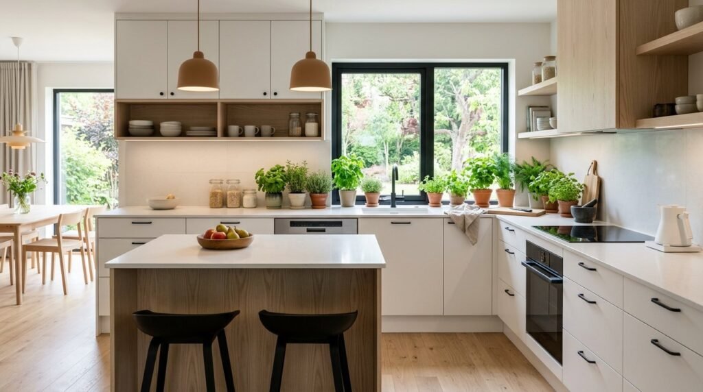 Bright Scandinavian style kitchen featuring clean lines, light wood tones, and minimalist decor.
