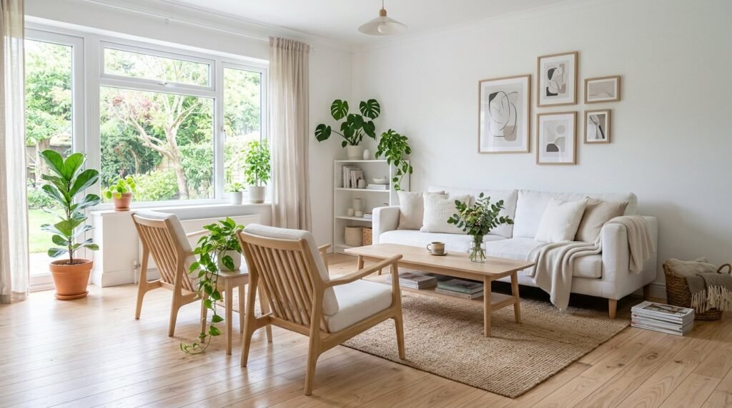 A bright and airy Scandinavian living room featuring minimalist furniture and soft natural lighting.