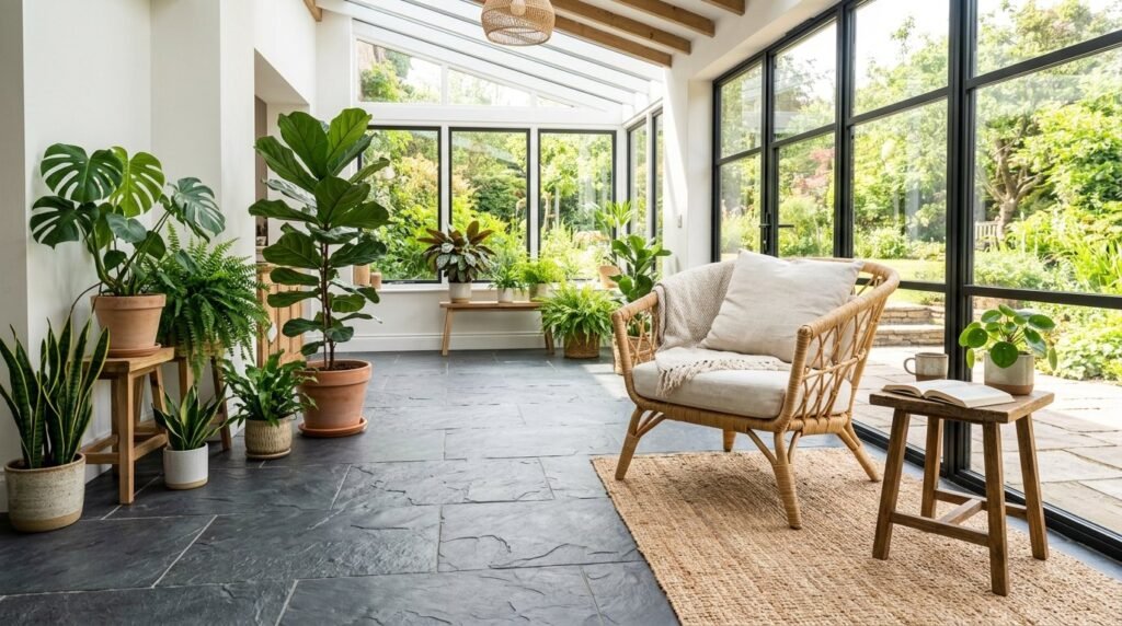 A sun-drenched sunroom interior with dark textured natural slate floor tiles and large windows.